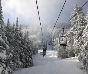 Chair lift surrounded by snow-covered trees