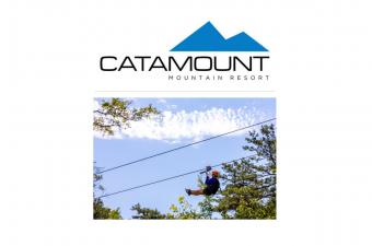 Catamount Logo and person on  zipline